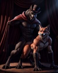 ai_generated anal anal_sex anthro anthro_on_anthro canine cloak cum_in_ass duo gay knot magician magician_hat male male_on_male muscular_male realistic semi-erect spotlight stage top_hat werewolf wolf