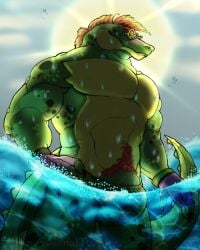 alligator alligator_tail alligatorid alligatorid_humanoid animatronic anthro anthrofied artist_signature beach biceps bulge crocodile crocodile_tail crocodilian crocodylid dripping dripping_water dripping_wet facial_markings five_nights_at_freddy's five_nights_at_freddy's:_security_breach fnaf gloves green_body looking_at_viewer looking_down machine male male_focus male_only mohawk mohawk_(hairstyle) montgomery_gator_(fnaf) muscular muscular_male non-human on_water pubic_hair red_hair reptile reptile_humanoid robot robot_humanoid scottgames sea solo solo_focus solo_male spiked_bracelet spotted_body steel_wool_studios sunglasses tail thong two_tone_body
