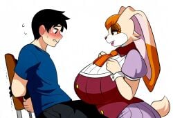 1boy ai_generated anthro assertive_female female huge_breasts human_on_anthro imminent_sex mature_female milf mullon nervous novelai rabbit rabbit_ears rabbit_girl rabbit_humanoid rabbit_tail restrained sega simple_background sitting sonic_(series) vanilla_the_rabbit voluptuous