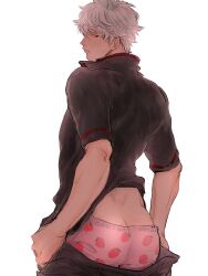 ass blush boxers embarrassed gintama gintoki_sakata kuzuta_kanowe looking_at_viewer looking_back male male_only masculine muscular pants_down red_eyes solo strawberry_print sweatdrop underwear undressing white_hair