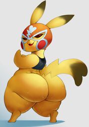 ass big_ass bottomless butt cosplay_pikachu eyelashes female forastero half-dressed huge_ass looking_at_viewer nintendo pikachu pikachu_libre pokémon_(species) pokemon simple_background smile sweat sweat_stain sweatdrop sweaty tagme thick thick_thighs