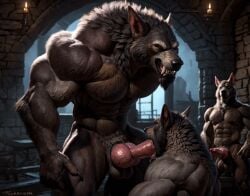 ai_generated blowjob canine cuck cuckold cum cumming dungeon duo gay knot male_on_male male_watching muscular_male oral realistic solo werewolf wolf