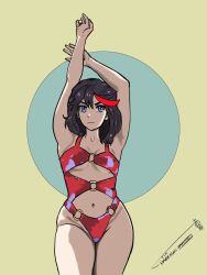 1girls arms_above_head artist_signature black_hair blue_eyes exposed_midriff ironsiderodger kill_la_kill light-skinned_female light_skin matoi_ryuuko red_strand_of_hair red_swimsuit swimsuit