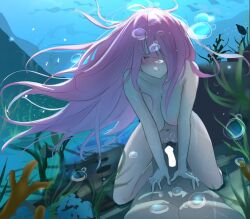 1boy1girl air_bubbles censored_penis marima666_(artist) nipples nude pink_hair teaser underwater