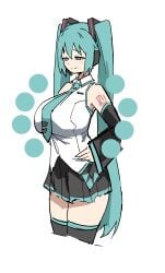 1girls alternate_breast_size big_breasts breasts busty confident female female_only green_eyes green_hair half-closed_eyes hand_on_hip hatsune_miku highres large_breasts legs long_hair necktie pose posing skirt smile solo thighhighs thighs twintails vocaloid
