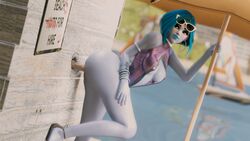 1girls 3d ambiguous_penetration beach big_ass blender blue_hair blue_lipstick discko discko_widowmaker exhibitionism glory_hole grabbing_from_behind grabbing_object holding_object hoop_earrings lipstick looking_back one_leg_raised outdoors overwatch partial_male penis purple_skin sandals skimpy skimpy_clothes smile smiling sunglasses swimsuit tagme umbrella widowmaker