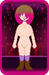 background bete_noire betty_noire big_breasts big_breasts boots breasts brown_hair glitchtale naked nipples pink_hair pixel_art purple_socks short_hair smiling vagina zixy