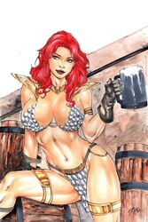 1girls 2018 armor barrel barrels big_breasts bikini bikini_armor blue_eyes breasts breasts_apart busty chainmail chainmail_bikini conan_the_barbarian_(series) curvaceous curvy dated dynamite_comics ed_benes_studio female female_only gloves highleg highleg_loincloth holding_mug human iago_maia large_breasts loincloth mug oppai red_eyebrows red_hair red_lips red_lipstick red_sonja red_sonja_(comics) signature solo stretching voluptuous voluptuous_female warrior