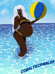 1girls african african_female beach_ball belly belly_button bikini blue_eyes cobaltscribbler dark-skinned_female dark_skin exposed_belly female fingernail_polish fingernails long_hair marvel marvel_comics navel ocean ororo_munroe outie_navel popped_navel pregnancy pregnant pregnant_belly pregnant_female red_nails solo storm_(x-men) summer swimsuit water white_hair x-men