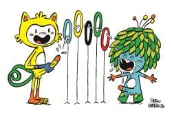 2016_rio_olympics 2boys absurd_res anthro balls blue_skin brazil cum cum_in_mouth cumshot erect_penis erection green_hair hairy_balls hi_res highres mascots olympics pablo_carranza penis rings simple_background tagme tom_(mascot) vinicius_(mascot) white_background yellow_skin