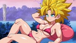 1girls areolae ass athletic_female big_ass big_breasts big_butt blonde_hair blue_eyes blush blushing breasts busty butt caulifla dragon_ball female female_focus female_only hand_on_head higres large_breasts light-skinned_female looking_at_viewer mostly_nude pink_clothing pussy_visible_through_clothes ranru shiny shiny_skin smug thick thick_legs thick_thighs tomboy