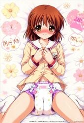 abdl ai_generated bed blush blush brown_eyes brown_hair clannad clothed clothed_female clothing diaper embarrassed embarrassed_female female flower furukawa_nagisa hair_accessory hairclip hands_on_chest lying lying_on_back lying_on_bed no_pants on_back print_diaper school_uniform schoolgirl short_hair short_socks socks solo solo_female spread_legs teary_eyes thin thin_female white_socks