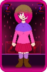 background bete_noire betty_noire big_breasts big_breasts boots brown_hair clothed clothes glitchtale pink_hair pink_sweater pixel_art purple_socks purple_sweater short_hair skirt smiling wearing_clothes zixy