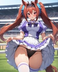 ai_generated auburn_hair blouse blush bow daiwa_scarlet_(umamusume) horse_ears horse_girl horse_tail lifting_skirt panties race_track red_eyes ribbon school_uniform skirt stadium sweat thighhighs tiara tracen_academy tracen_school_uniform twintails