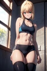 1girls ai_generated artoria_pendragon artoria_pendragon_(fate) belly_button big_breasts blonde_hair blue_eyes collarbone fate_(series) large_breasts light-skinned_female light_skin long_hair looking_at_viewer navel neck_band sports_bra sweat thighs underwear window