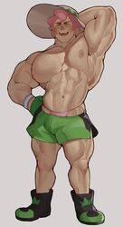 1boy abs armpits bara bulge freckles gloves hat human male male_only milo_(pokemon) muscles muscular muscular_male nintendo pink_hair pokemon pokemon_ss ruisselait shoes solo topless yaoi yarrow_(pokemon)