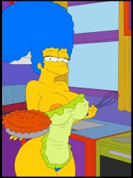 1girls apron blue_hair breasts croc_(artist) eyelashes female female_only food green_apron hourglass_figure human indoors kitchen looking_at_viewer marge_simpson milf nipple nipple_slip pie pubic_hair smile solo solo_female the_simpsons voluptuous voluptuous_female window yellow_skin