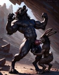 ai_generated anthro_on_anthro blowjob canine cave cum cumming duo gay knot looking_pleasured male_on_male muscular_male oral orgasm_face rabbit realistic size_player solo werewolf wolf