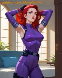 ai_generated armpits blue_eyes mary_jane_watson mave_vame red_hair slender_body spider-man_(series) sweat tight_suit