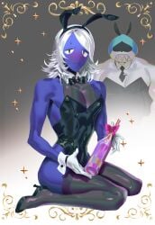 blue_body blue_skin blush blush bowtie bunny_ears bunnysuit deltarune dian_(pixiv) heels holding_bottle holding_object king_spade rouxls_kaard sweat sweatdrop sweating thigh_gap thighhighs white_hair