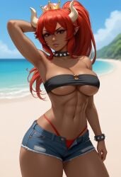 abs ai_generated bandeau bare_legs bare_shoulders bare_thighs bikini_bottom bowsette civitai cleavage collarbone dark-skinned_female dark_skin elf_ears horns jean_shorts midriff muscular_female open_fly open_shorts ponytail red_eyes red_hair short_shorts spiked_bracelet spiked_collar strapless super_crown toned toned_female underboob