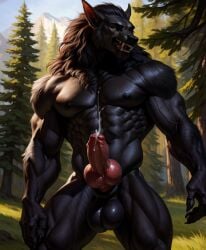 ai_generated black_body black_fur canine cum cumming cumshot forest jerk_off knot male masturbation muscular_male realistic solo werewolf wolf woods