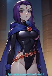 ai_generated big_breasts black_leotard blue_cape blush breasts cape leotard looking_at_viewer pointy_chin purple_eyes purple_hair raven_(dc) slimetenshi teen_titans tight_clothing tight_fit