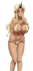 1girls ass_visible_through_thighs bikini blonde_hair breasts bursting_breasts cleavage covered_nipples criss-cross_halter dark_skin halterneck hand_on_own_chest horn huge_breasts long_hair looking_at_viewer monster_girl monster_musume_no_iru_nichijou navel ogre ogre_girl pointy_ears red_eyes simple_background skindentation smile solo swimsuit tionishia_(monster_musume) toned twrlare white_background