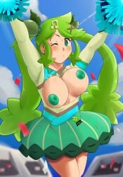 1girls breasts breasts_out cheerleader cheerleader_uniform crossover green_eyes green_hair hands_up hatsune_miku hatsune_miku_(grass-type_trainer) hi_res mypoisonmilk pokemon pom_poms project_voltage ripped_clothing ripped_shirt self_upload suprised thighs vocaloid