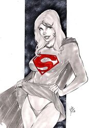 2016 abstract_background argoan big_breasts breasts busty cape curvaceous curvy dated dc dc_comics ed_benes_studio erect_nipples greyscale kara_zor-el kryptonian lanio_sena long_hair nipple_bulge nipples nipples_visible_through_clothing panties signature skirt skirt_lift supergirl superheroine superman_(series) voluptuous