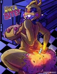 anthro big_ass big_breasts big_butt big_nipples big_thighs blush cake candle chica_(fnaf) chicken chicken_girl dominant_female five_nights_at_freddy's five_nights_at_freddy's_2 fnaf food food_fetish food_on_body food_play fur horny_dom horny_female kitchen looking_at_viewer looking_back looking_down mangomaniacz mispelling night nipples pepperoni_pizza pizza robot_humanoid sharp_teeth squished_ass squished_breasts sweat sweaty_ass sweaty_body sweaty_breasts sweaty_butt sweaty_legs sweaty_thighs text text_box text_bubble toy_chica_(fnaf) yellow_body