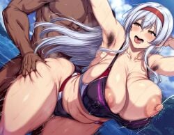 1boy 1girls ai_generated blush breasts dark-skinned_male deepjungle erect_nipples female female_focus hairy_armpits huge_breasts kantai_collection lactation large_breasts long_hair looking_at_viewer nai_diffusion sex sex_from_behind shoukaku_(kantai_collection) skirt smiling thick_thighs thighs white_hair yellow_eyes