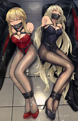 2girls absurdres arms_behind_back artoria_pendragon artoria_pendragon_(lancer_alter) bag black_legwear blonde_hair bondage bound bound_ankles breasts cum cum_on_body cum_on_breasts cum_on_clothes cum_on_upper_body eyebrows_visible_through_hair facial fate/grand_order fate_(series) femsub forced_orgasm gag gagged harness high_heels highres hitachi_magic_wand jeanne_alter leotard long_hair looking_at_viewer lying monoglove motion_blur multiple_girls multiple_subs on_back pantyhose pick'k pick`k red_leotard rolling_eyes short_hair sitting strapless strapless_leotard tied_up yellow_eyes