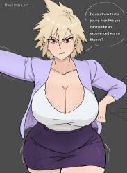 1girls big_breasts blonde_hair bottomwear breasts cleavage ear_piercing earrings english english_text hair hips huge_breasts large_breasts looking_at_viewer mature mature_female mature_woman milf mitsuki_bakugou mother motion_lines my_hero_academia open_shirt pencil_skirt red_eyes ryukman skirt speech_bubble talking_to_viewer text topwear