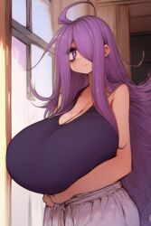 1girls ai_generated baggy_eyes big_breasts gigantic_breasts huge_breasts mei_(2b213) purple_eyes purple_hair tank_top very_long_hair voluptuous voluptuous_female