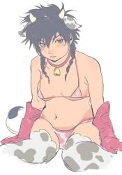 adapted_costume areola_slip bikini black_hair blue_eyes braided_hair braids canon_genderswap collar cow_ears cow_girl cow_horns cow_print cow_print_bikini cow_print_thighhighs cow_tail cowbell female female_only genderswap_(mtf) gintama gloves hijikata_tenko hijikata_toshiro looking_at_viewer micro_bikini nipples_visible_through_clothing overweight overweight_female plump rule_63 sapomu4 see-through_clothing sitting slightly_chubby small_breasts solo thighhighs twin_braids wariza