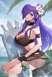 1girls absurdres alternate_costume armband ass bare_arms bare_shoulders between_breasts bikini bikini_skirt black_bikini black_choker black_gloves black_swimsuit breasts choker cleavage collarbone commentary female female female_only fingerless_gloves fire_emblem fire_emblem:_three_houses fire_emblem_heroes fire_emblem_warriors:_three_hopes flower gloves gonzarez hair_flower hair_ornament hair_over_one_eye half_updo highres holding large_breasts long_hair looking_at_viewer navel nintendo official_alternate_costume purple_eyes purple_hair see-through shez_(female)_(fire_emblem) shez_(female)_(summer)_(fire_emblem) shez_(fire_emblem) sitting smile solo stomach surfboard swimsuit thighs very_long_hair whistle whistle_around_neck