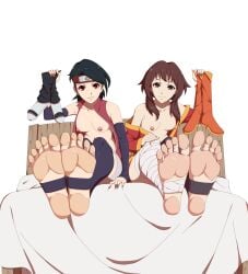 boruto:_naruto_next_generations bridal_legwear feet feet_focus foot_fetish holding_shoes kono_subarashii_sekai_ni_shukufuku_wo! megumin sarada_uchiha shoes_removed soles soles_fetish