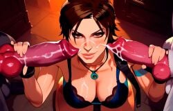 1girls 2dogs ai_generated big_breasts bra brown_eyes brown_hair brunette_hair canine cleavage cum feral half_ai handjob imminent_oral interspecies knot knotted_penis lara_croft looking_at_viewer necklace seductive tomb_raider xcrystallex zoophilia