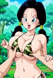 ai_generated arms_behind_back big_breasts bikini black_hair blue_eyes breast_grab camouflage_bikini civitai dragon_ball large_breasts open_mouth pov_hands tongue_out videl wet_tongue