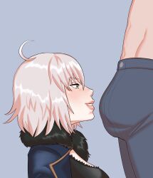 ahoge bulge_through_clothing faceless_male fate/grand_order fur_collar imminent_oral jeanne_alter pawgg short_hair textless textless_version white_hair yellow_eyes