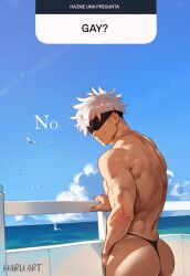1boy ai_assisted ai_generated ass ass_focus closed_mouth haruartx jujutsu_kaisen male male_only meme muscular muscular_male outdoors satoru_gojo short_hair smile solo spanish_text thong white_hair