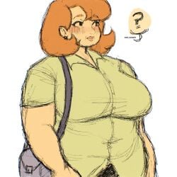 breasts buttoned_shirt chubby chubby_female concerned confused fat giant_breasts ginger ginger_hair green_shirt handbag high_resolution highres huge_breasts janice_(the_new_norm) middle_aged middle_aged_female milf old sad_sasen the_new_norm_(web_cartoon) wife