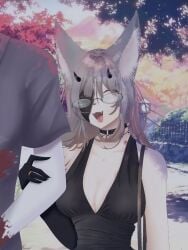 _pvp_vwv_owo_ alice_luft big_boobs big_breasts big_ears big_tits boobs breasts couple cute demon demon_fox demon_girl demon_horns demon_tail female fox fun girl grey grey_fox grey_hair happy hot_dress kitsune kumiho kumiho_demon long_hair mike_luft naked neko neko_girl nipples nude park smile tits walk walking