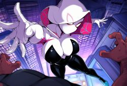 ai_generated bodysuit city cityscape covered_nipples gwen_stacy large_breasts marvel marvel_comics mullon muscular_male novelai pov spider-gwen spider-man_(series) superheroine