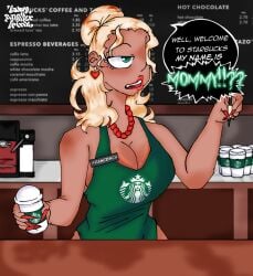 apron apron_only babyanotherdrink big_breasts big_nails blonde_hair dark-skinned_female dark_skin earrings female female_only francesca_mccoy_(babyanotherdrink) green_eyes lipstick milf nails nails_painted naked_apron necklace now_b4d oc original starbucks starbucks_barista