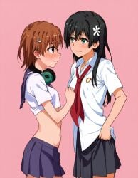 duo female_only hairpin headphones misaka_mikoto saten_ruiko school_uniform showing_off undressing yuri