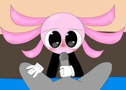 axolotl bending_down big_eyes black_legs blowjob blowjob_pov blush circle_head gills grabbing_penis gray_dick kinito kinitopet looking_at_viewer pink_head shiny_eyes sucking_dick sucking_penis white_gloves