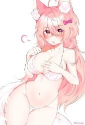 big_breasts bikini bulging_breasts covering_crotch fox_ears fox_girl looking_at_viewer remiune shy soft_breasts tight_fit