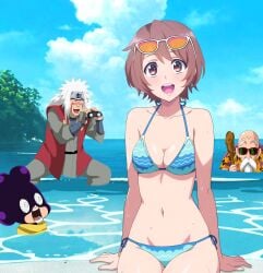 1girls beach blue_bikini brown_hair cleavage dragon_ball dragon_ball_z jiraiya looking_at_viewer master_roshi medium_breasts minoru_mineta my_hero_academia naruto short_hair sitting string_bikini